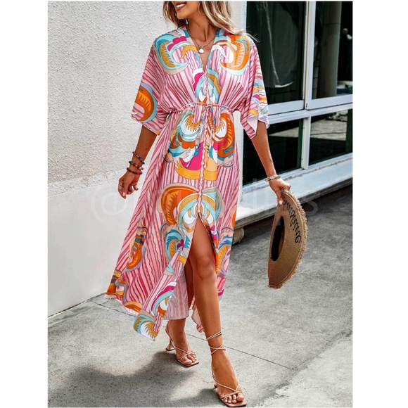 Multicolored Kimono Style Dress Drawstring Pink Maxi Long Batwing Sleeve - Picture 5 of 6